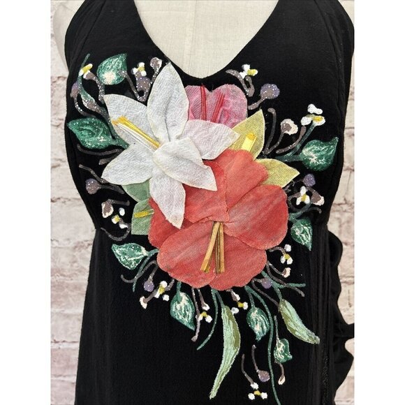 Ana Rosa Womens Halter Dress Handpainted Floral Art to Wear Black Cotton Size S - Picture 3 of 7